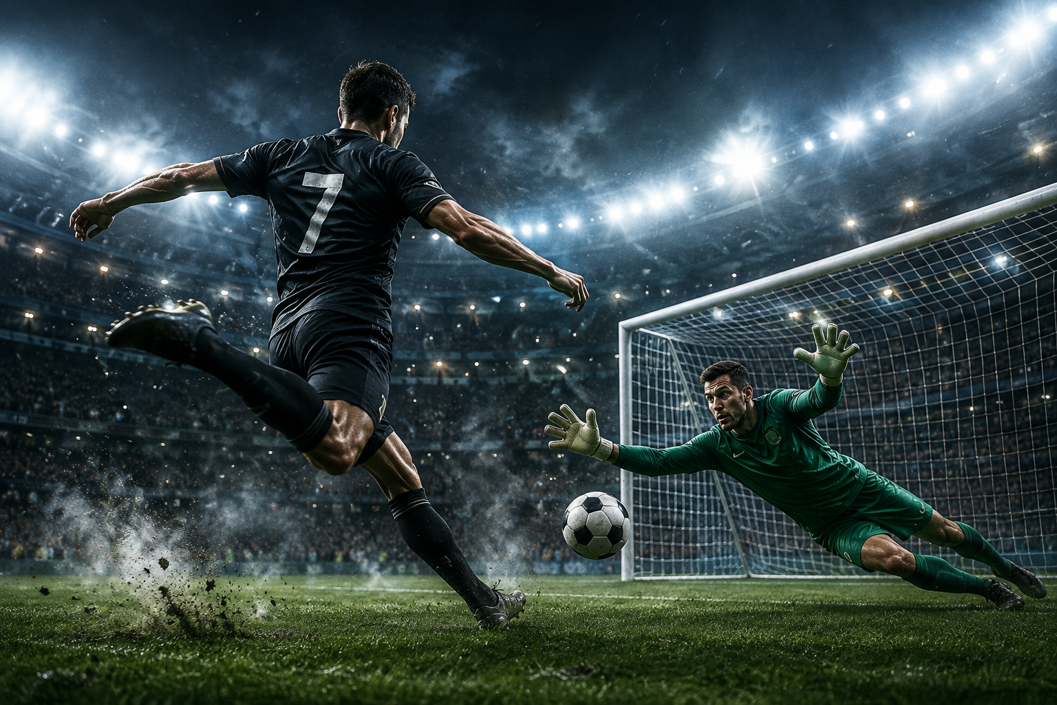 Player striking the ball toward goal as the goalkeeper dives, under stadium floodlights